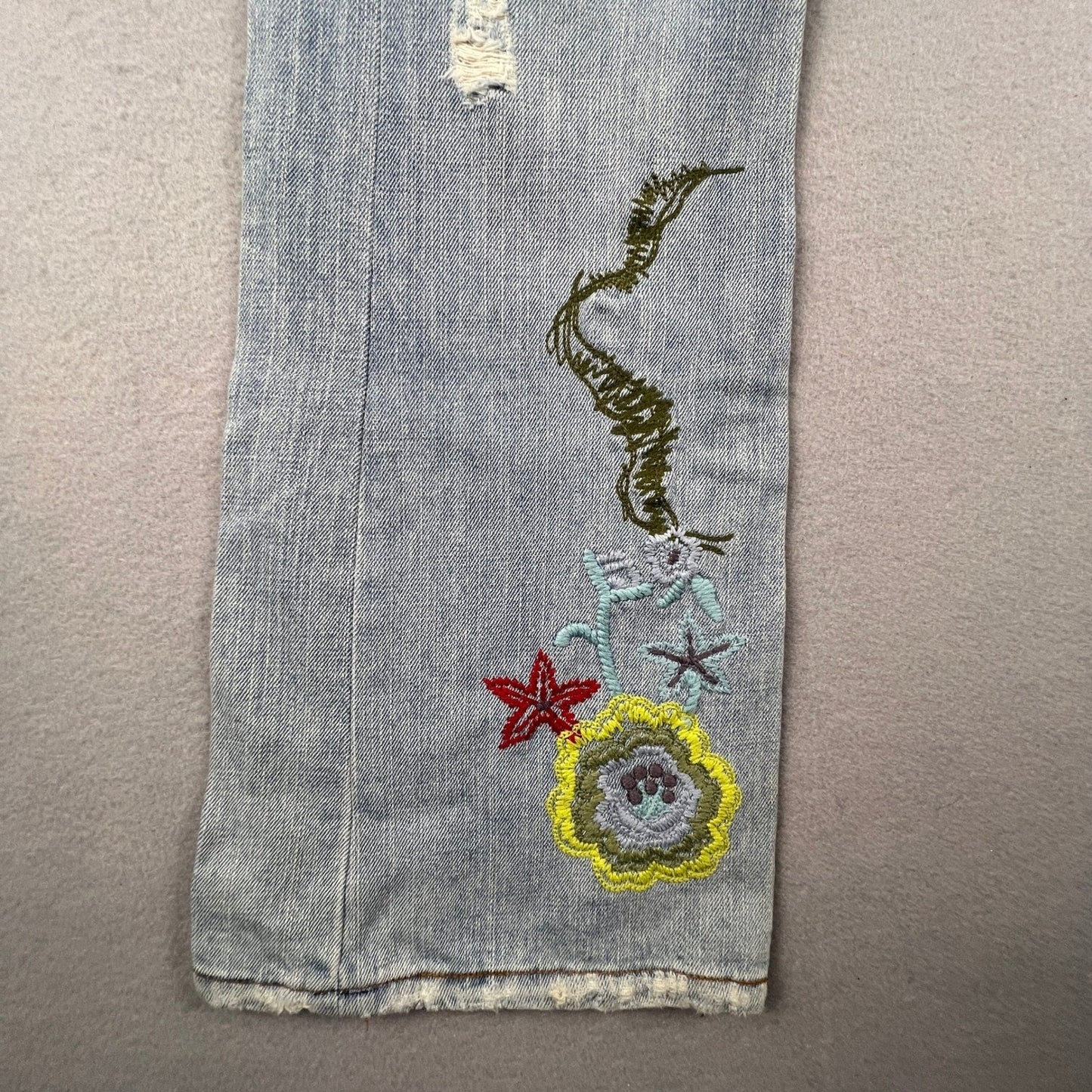 VTG Y2K Bebe Flare Jeans Womens 27 Embroidered Distressed Patchwork Boho
