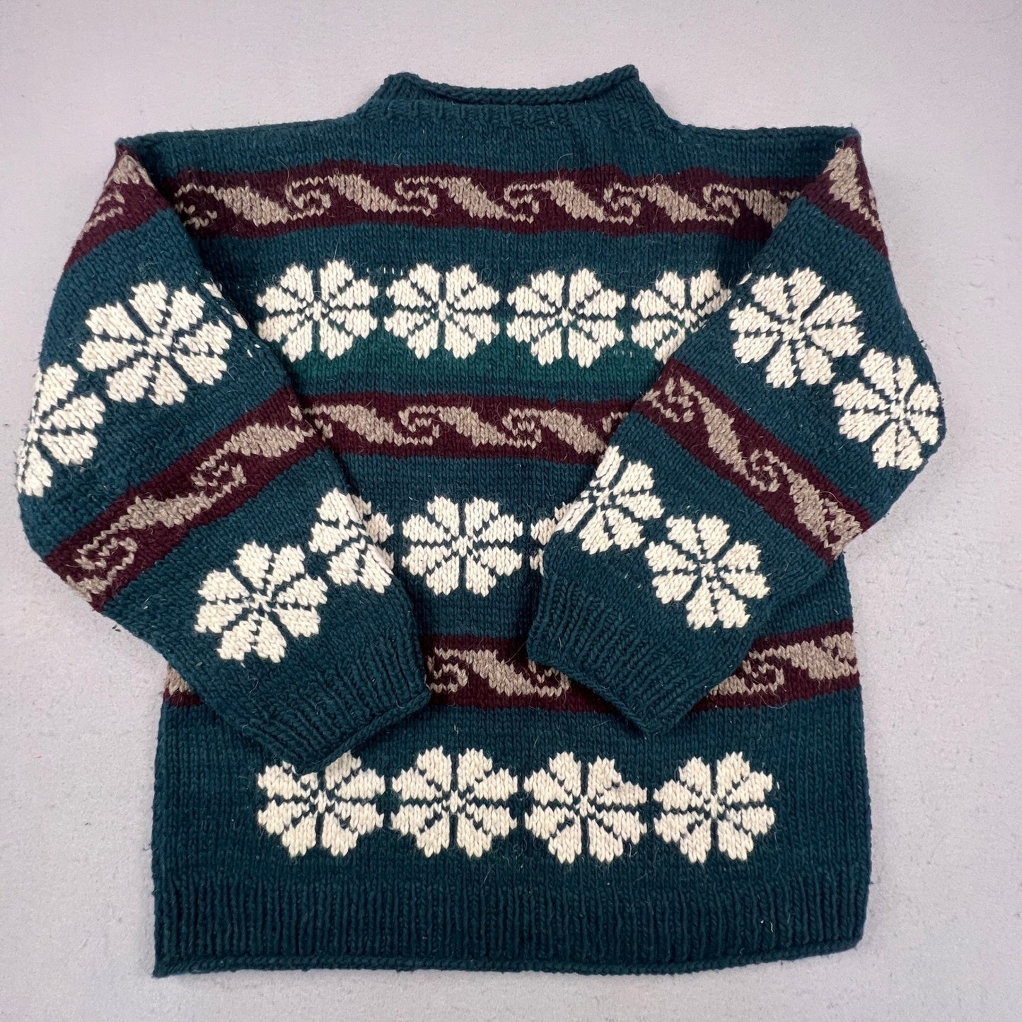 Hand Knit Nordic Snowflake Sweater Mens XL Teal Wool Blend Fair Isle Cabin Core