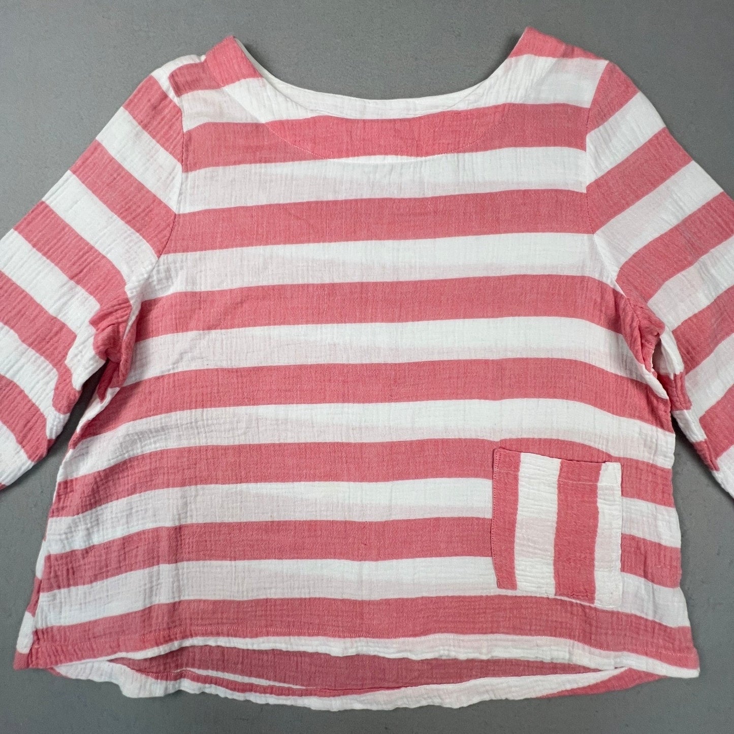 Habitat Top Women L Pink White Striped Cotton Gauze 3/4 Sleeve Pocket 75929