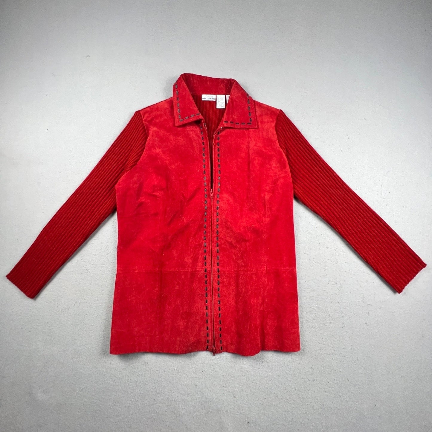 Jessie Sport Leather Jacket Women 1X Red Suede Ribbed Knit Mixed Media Zip Up