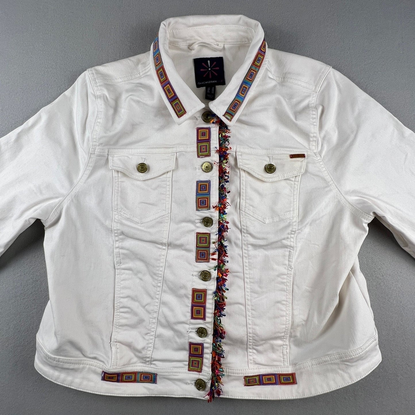 Isaac Mizrahi Live Denim Jacket Womens 16 White Embroidered Fringe Boho Festival