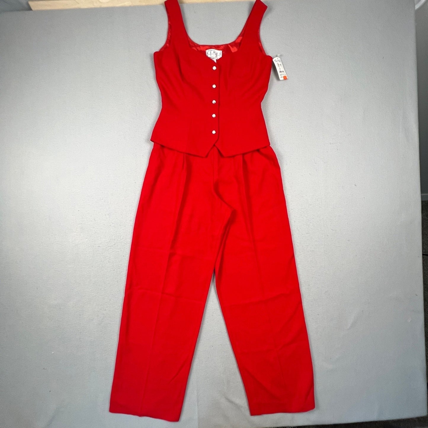 NWT VTG 90s Kenar Jumpsuit Set Women 4 Red 2 Piece Vest Pants Rhinestone