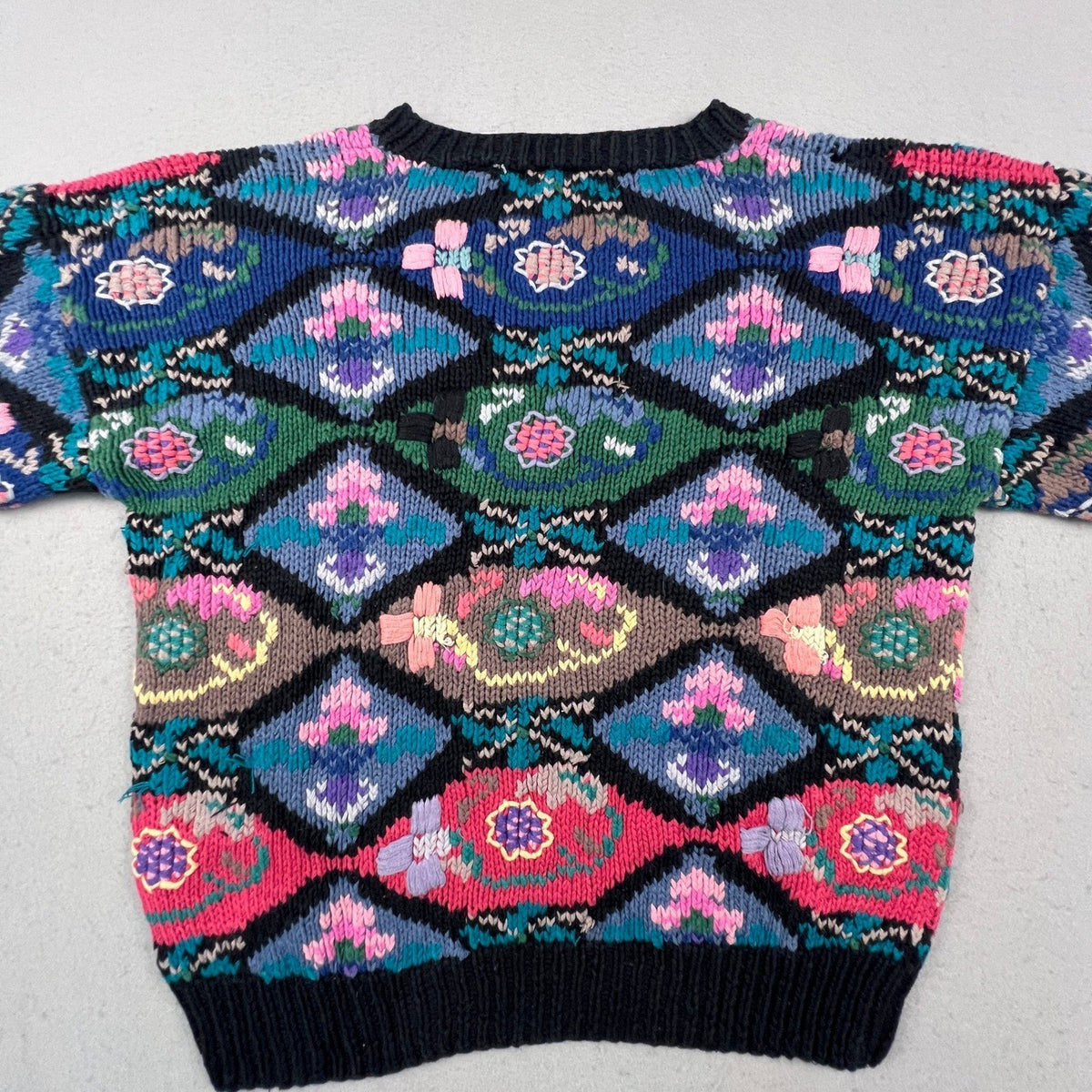 Northern Isles Sweater Womens Small Multi Diamond Floral Hand Knit Vintage 90s