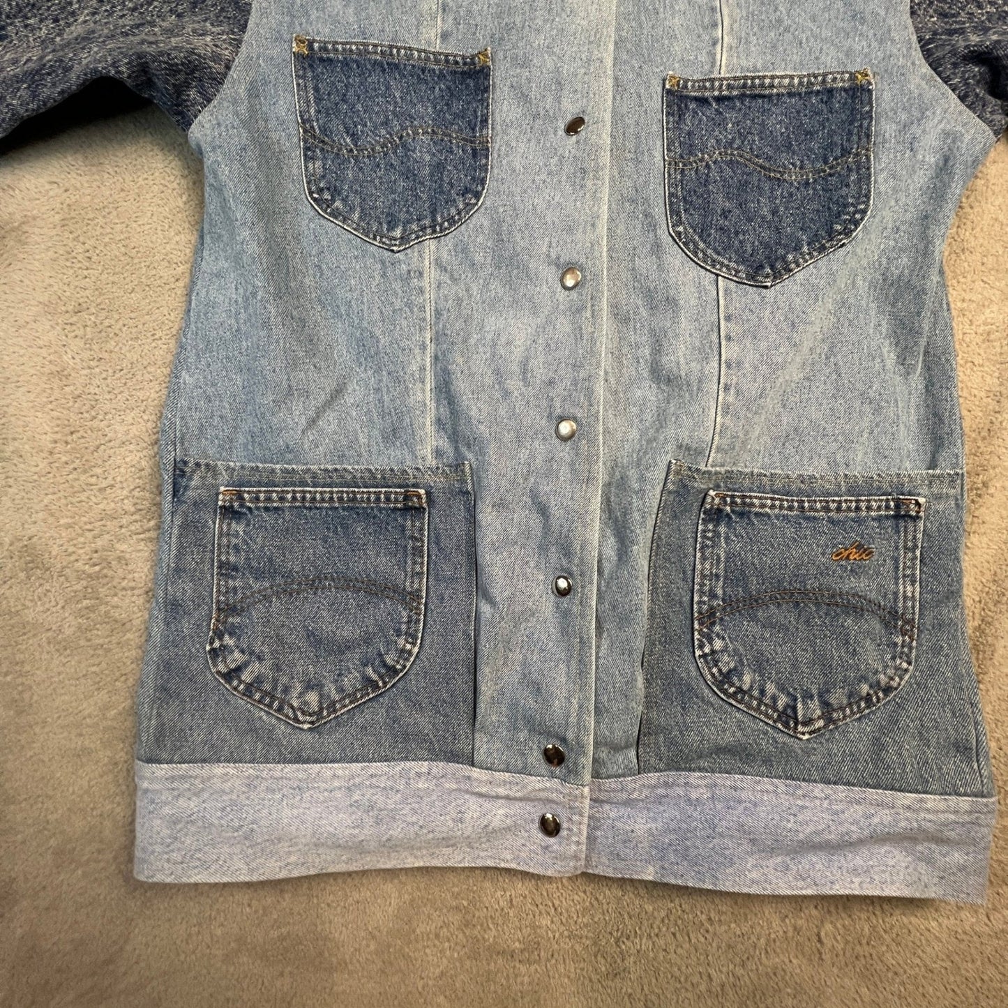 Vintage Denim Patchwork Jacket Women's Large Chore Coat Acid Wash Longline Blue