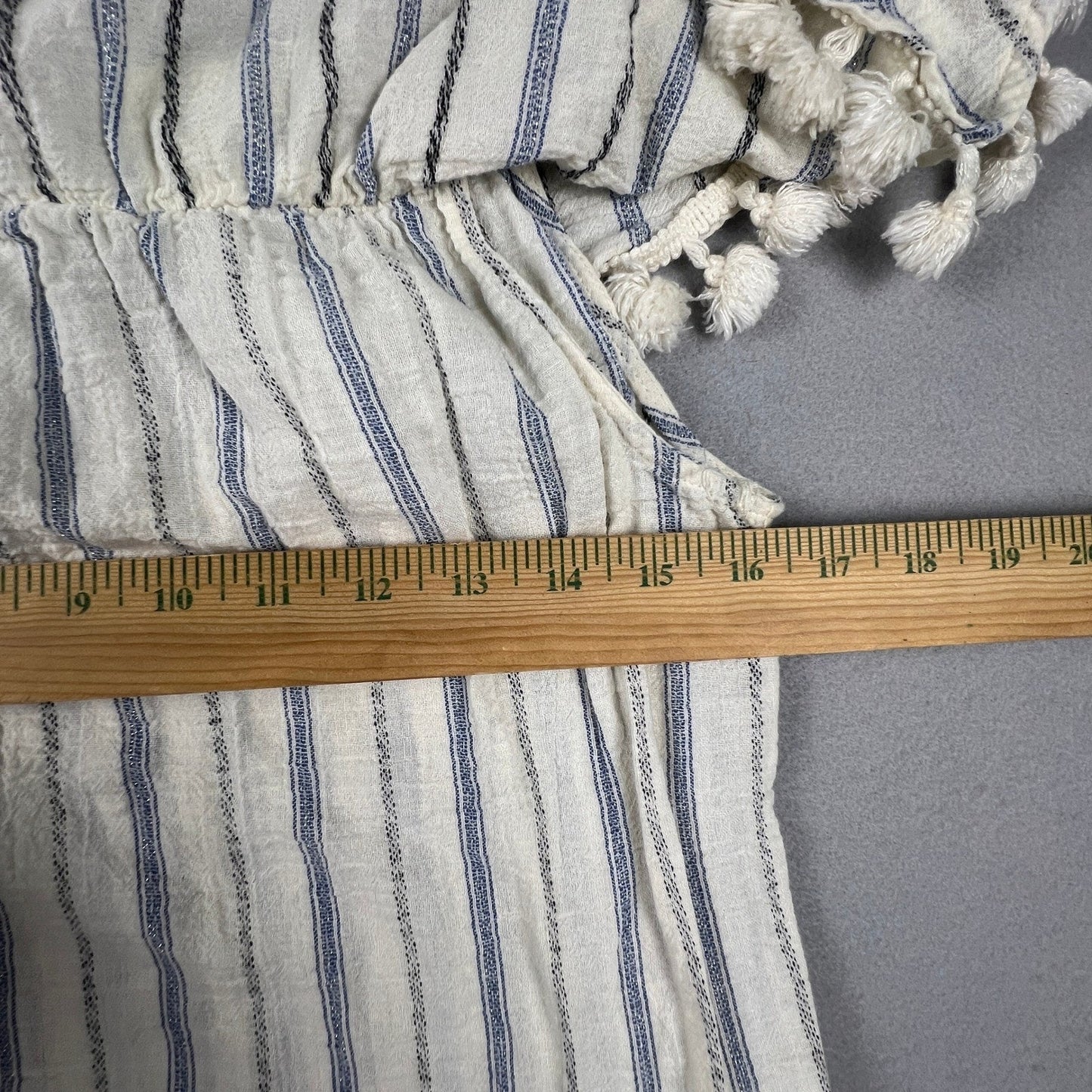 Artisan NY Off Shoulder Top Womens Small White Blue Striped Pom Pom Boho Blouse