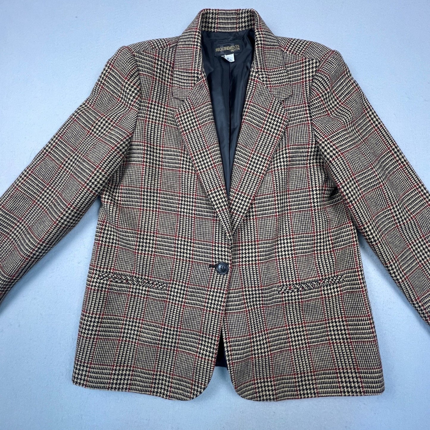 VTG 90s Preppy Dark Academia Blazer Women 14P Glen Plaid Wool Blend Business