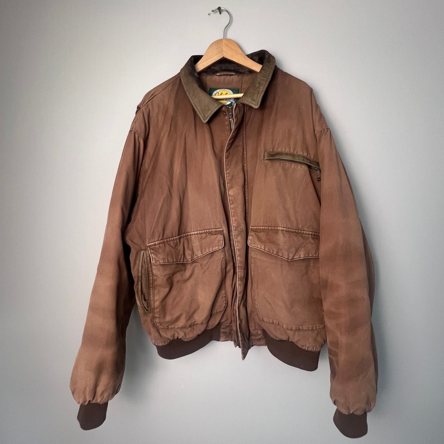 VTG Cabelas Canvas Jacket Mens XL Brown Leather Collar Workwear Outdoor Coat Job
