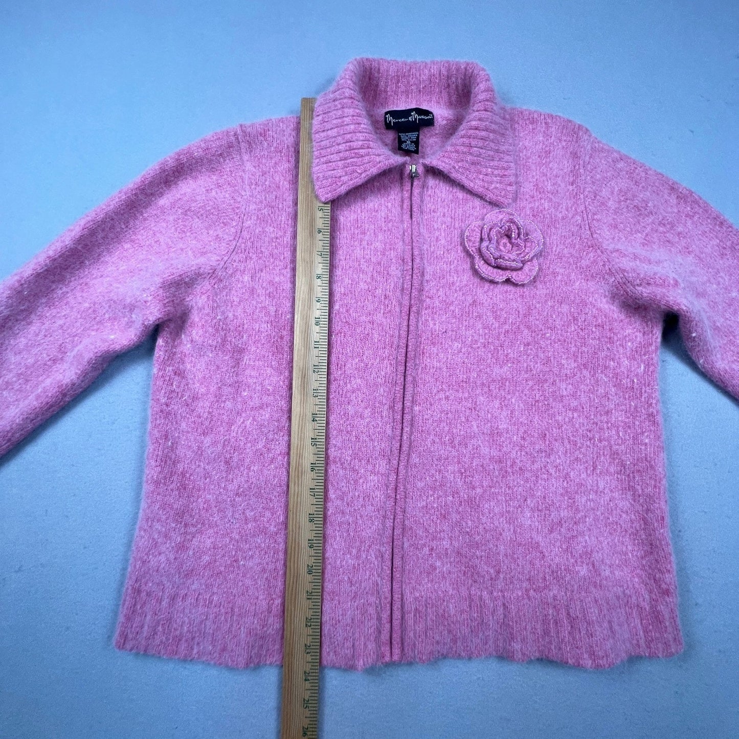 VTG Mercer & Madison Zip Sweater XL Pink Angora Wool Beaded Flower Coquette Y2K