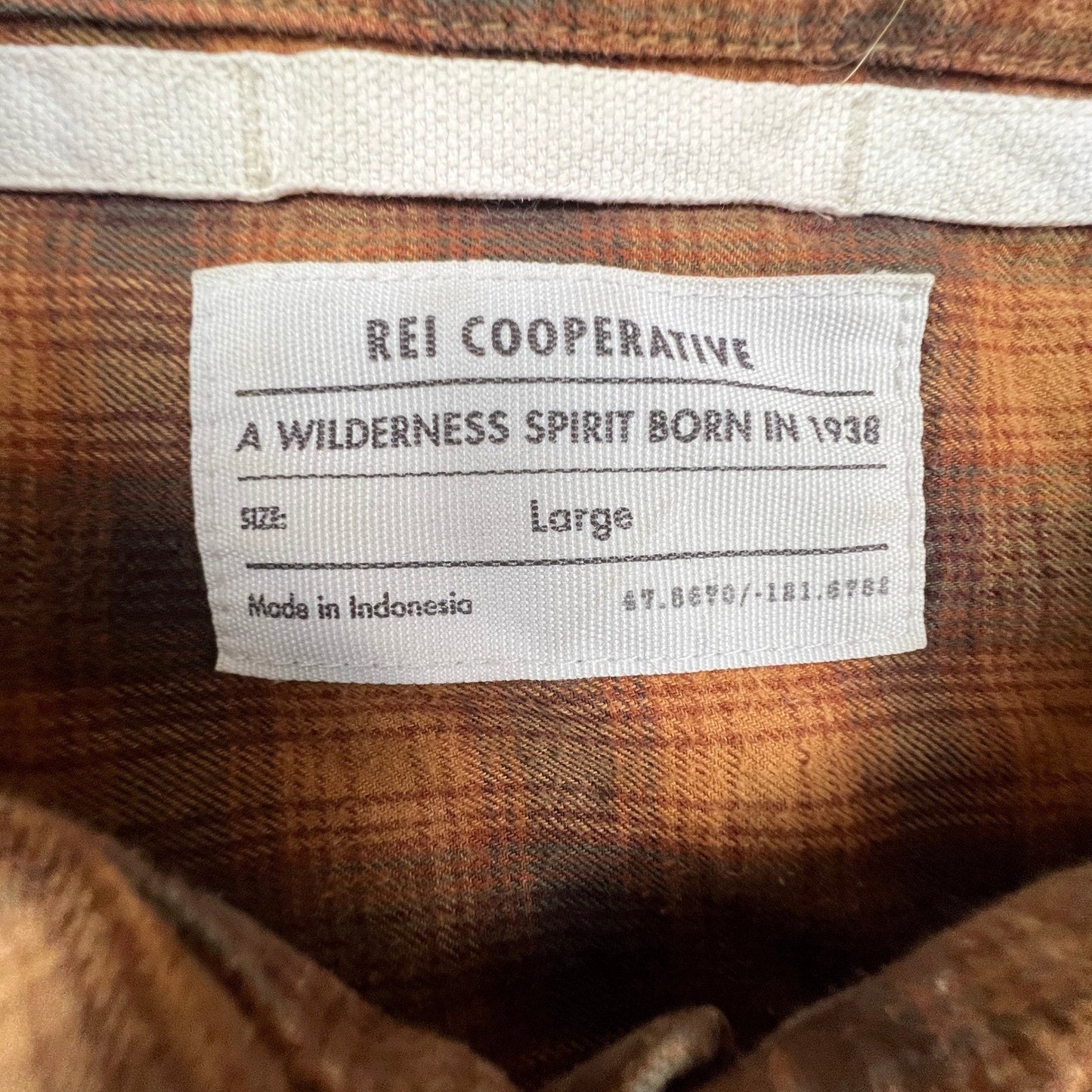 REI Co-op Flannel Shirt Mens Large Orange Brown Plaid Cotton Hiking Outdoor F20