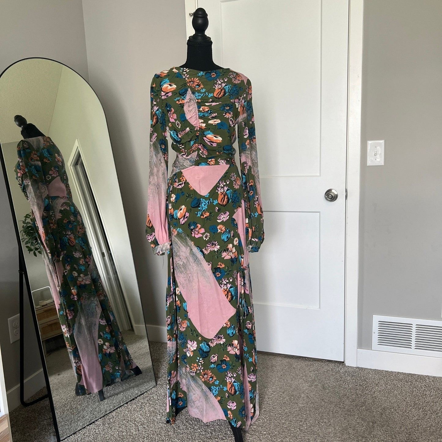 House of Holland Maxi Dress Womens 4 Green Floral Ruched Long Sleeve Boho Gown