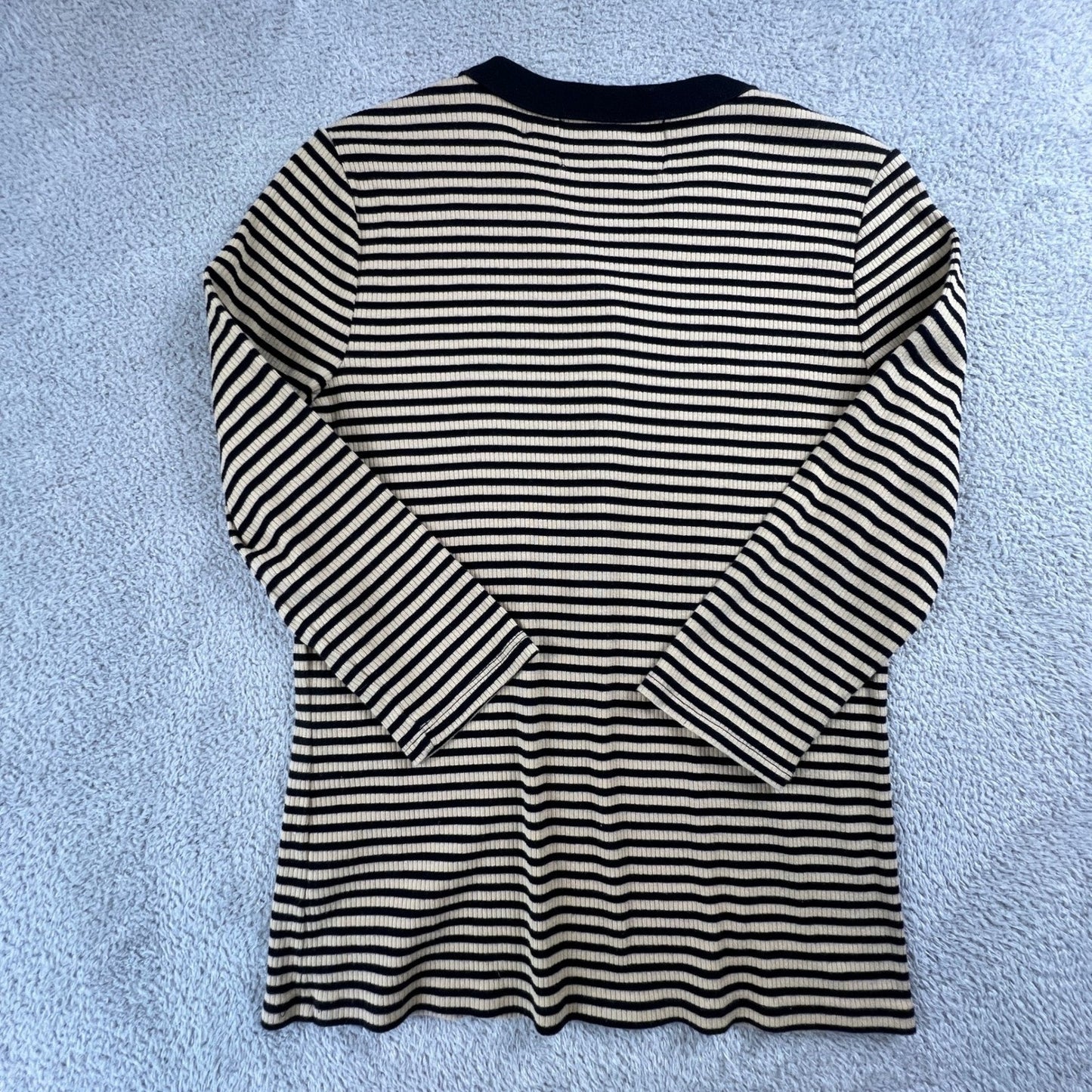 Lauren Ralph Lauren Henley Top Womens Medium Tan Navy Striped Ribbed Knit Preppy