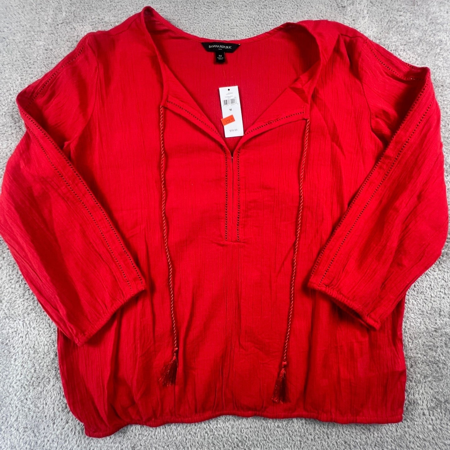 100% Cotton Boho Top Banana Republic Peasant Blouse Womens Medium Red Tassel