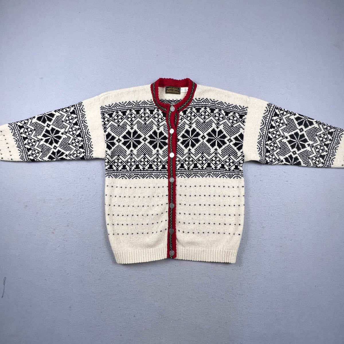 Vintage Eddie Bauer Cardigan Sweater Womens L Nordic Wool Blend Winter Snowflake