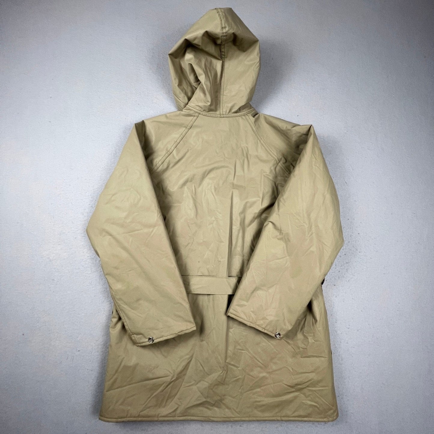Ronte All Weather Jacket Mens Large Tan Quilt Lined Belted Hooded Rain Coat Vtg