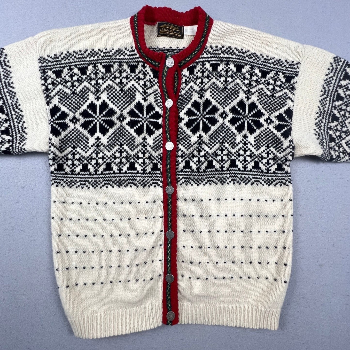 Vintage Eddie Bauer Cardigan Sweater Womens L Nordic Wool Blend Winter Snowflake