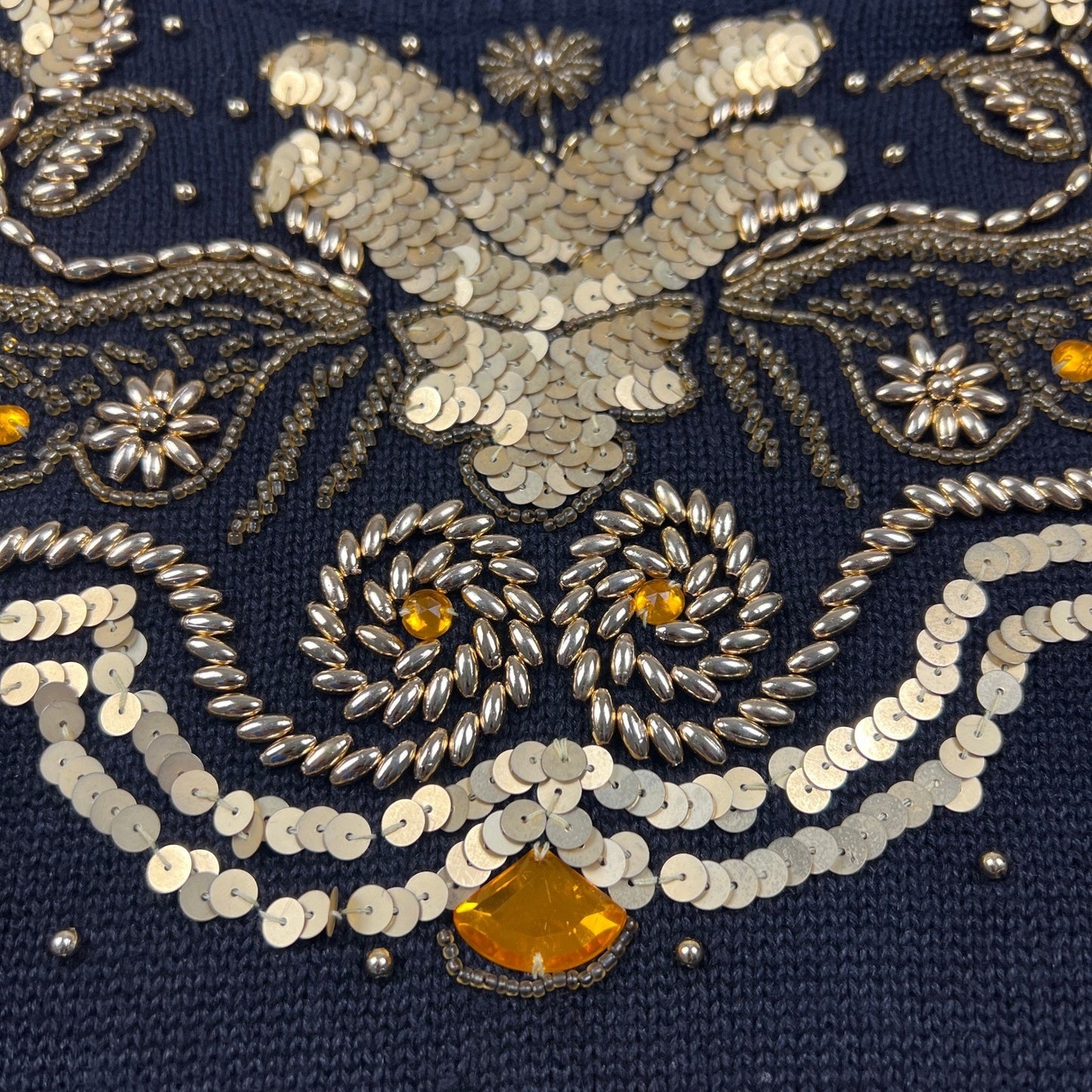 VTG 90s Victoria Harbour Sweater Women M Black Gold Sequin Beaded Party Glam