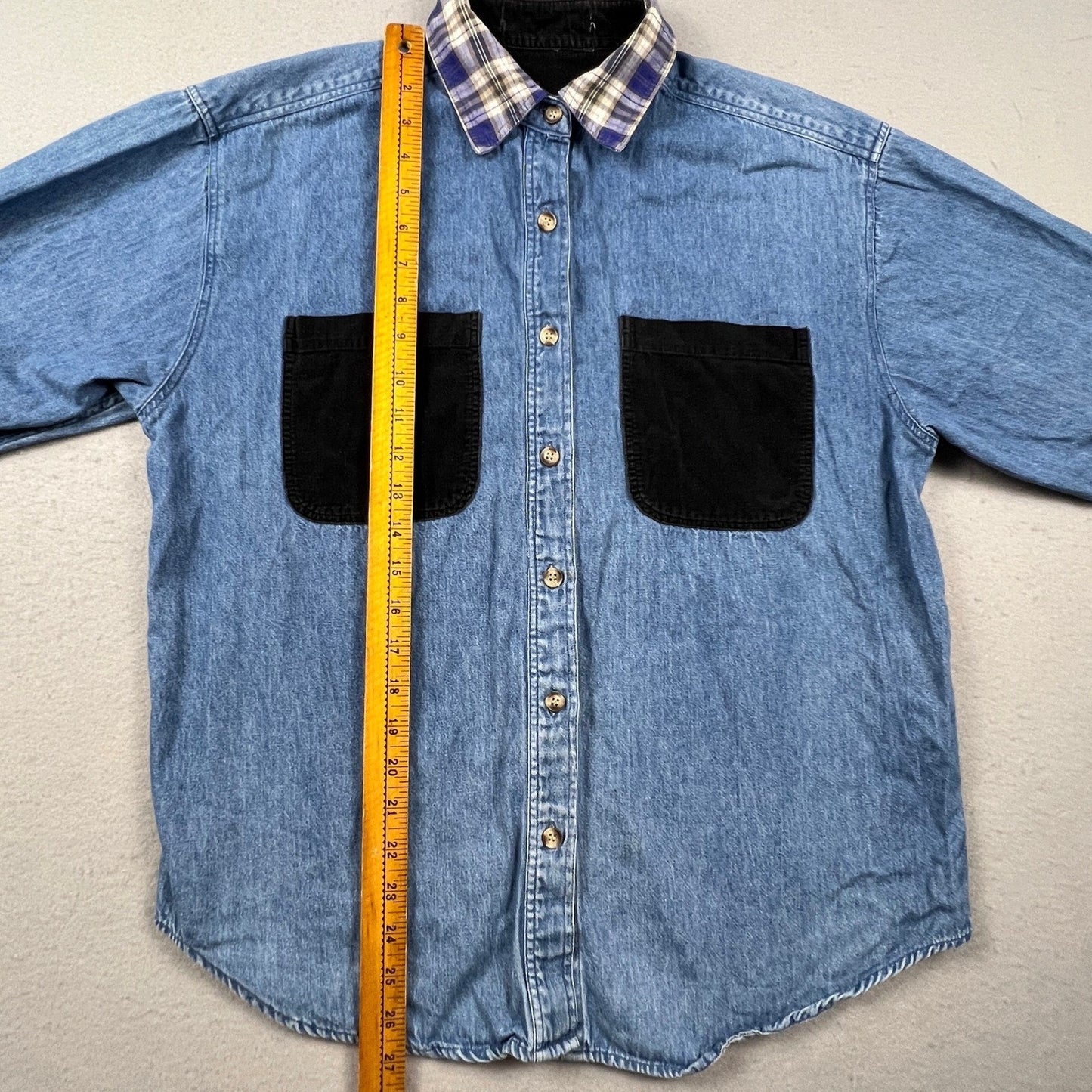 VTG Tommy Hilfiger Denim Shirt Womens Medium Blue Corduroy Pocket Plaid Trim