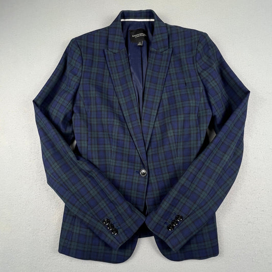 Banana Republic Classic Blazer Womens 4 Tall Navy Green Plaid Tailored Career