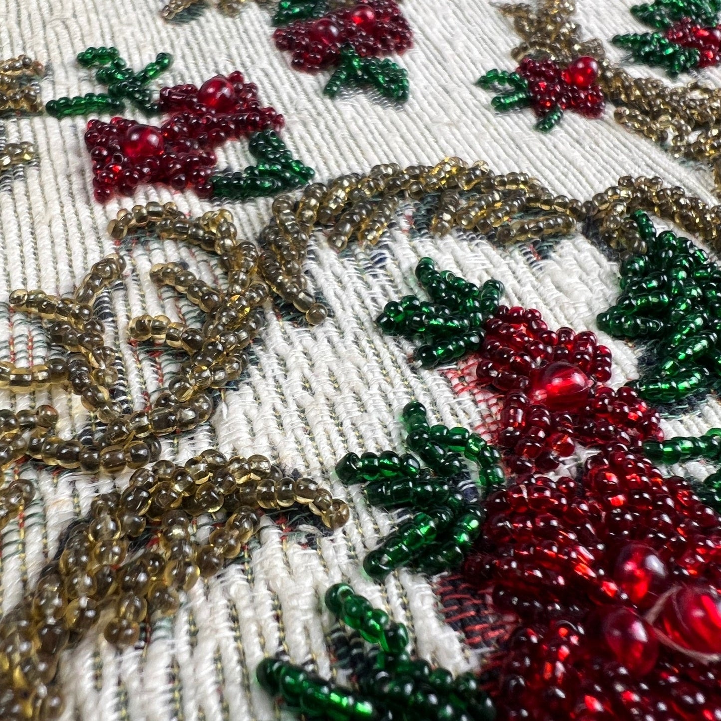 Vintage 1950s Beaded Tapestry Handbag Floral Lucite Handle MCM Evening Purse