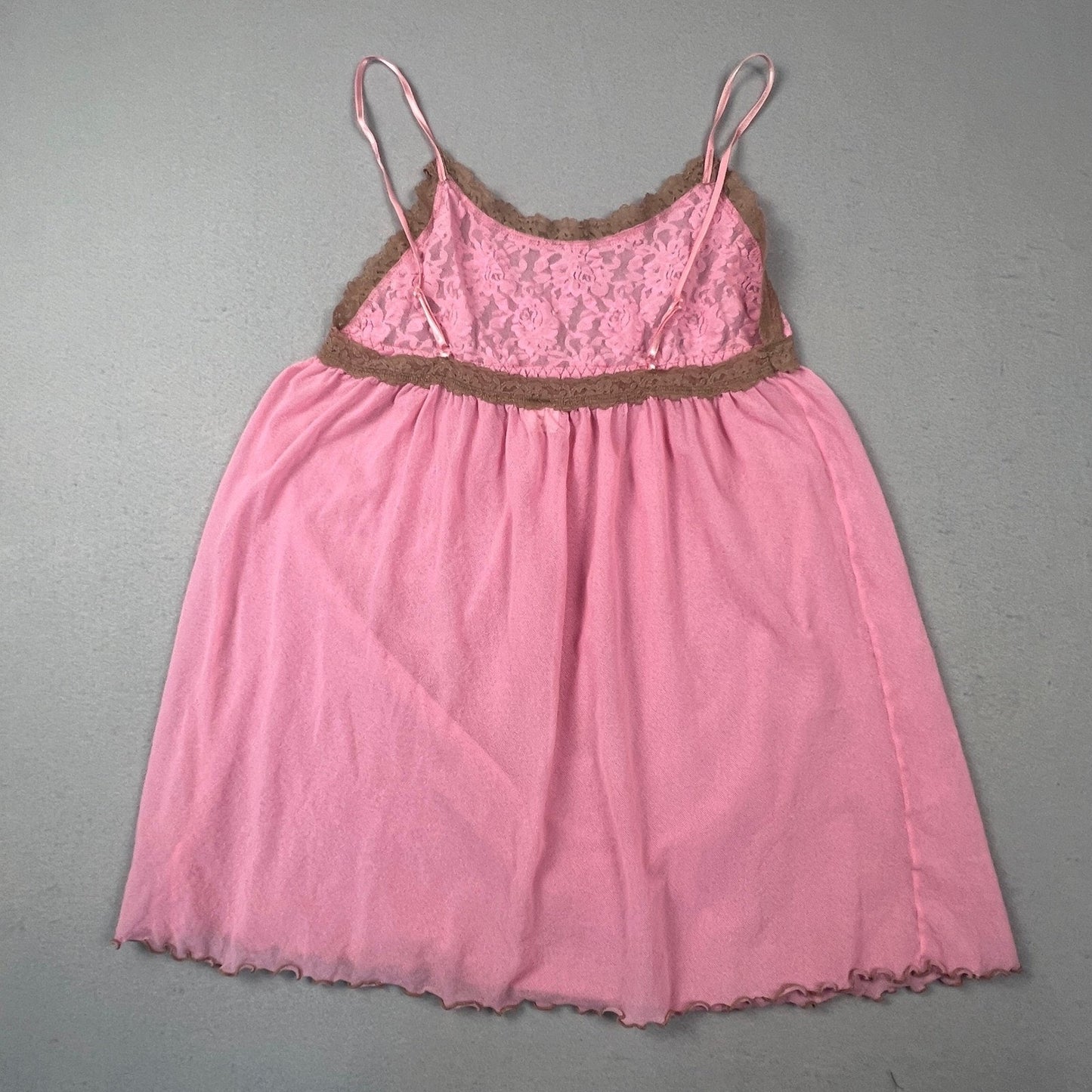 VTG Y2K Babydoll Camisole Women S Pink Brown Lace Mesh Chemise Nightgown