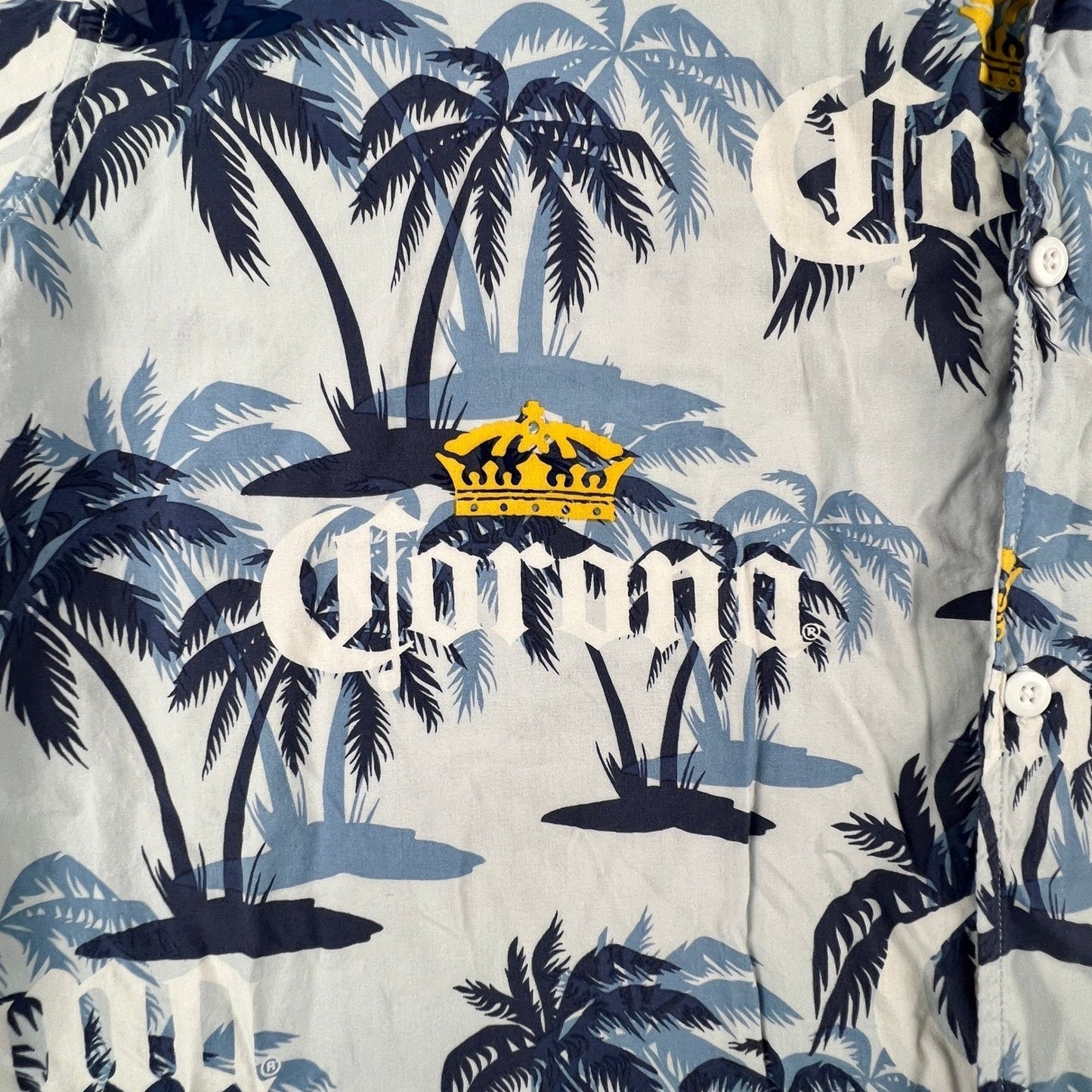 Corona Button Up Shirt Mens 2XL Blue Palm Tree Tropical Rayon Beach Hawaiian