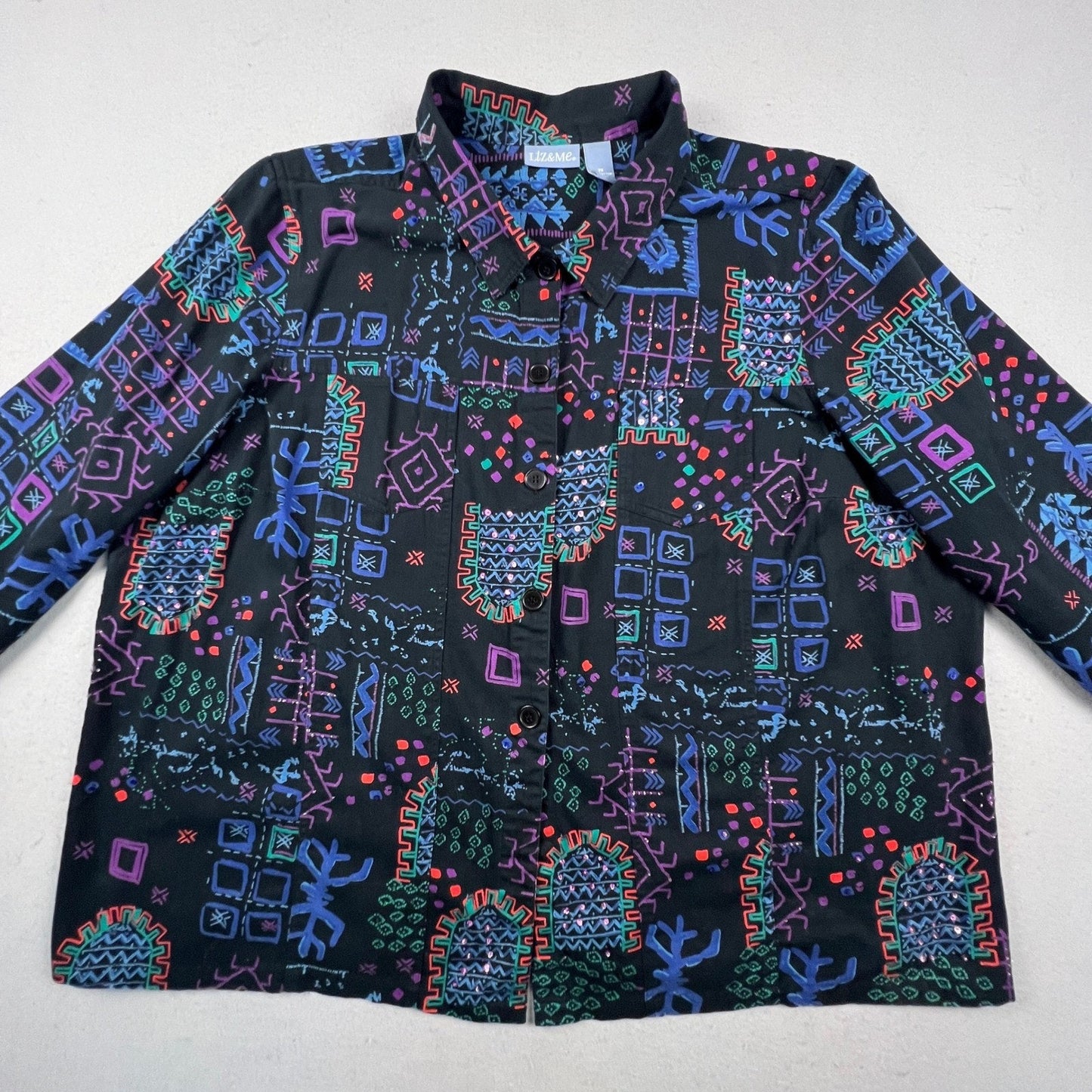 Liz & Me Button Down Shirt Women 3X Black Geometric Tribal Sequin Cotton Top