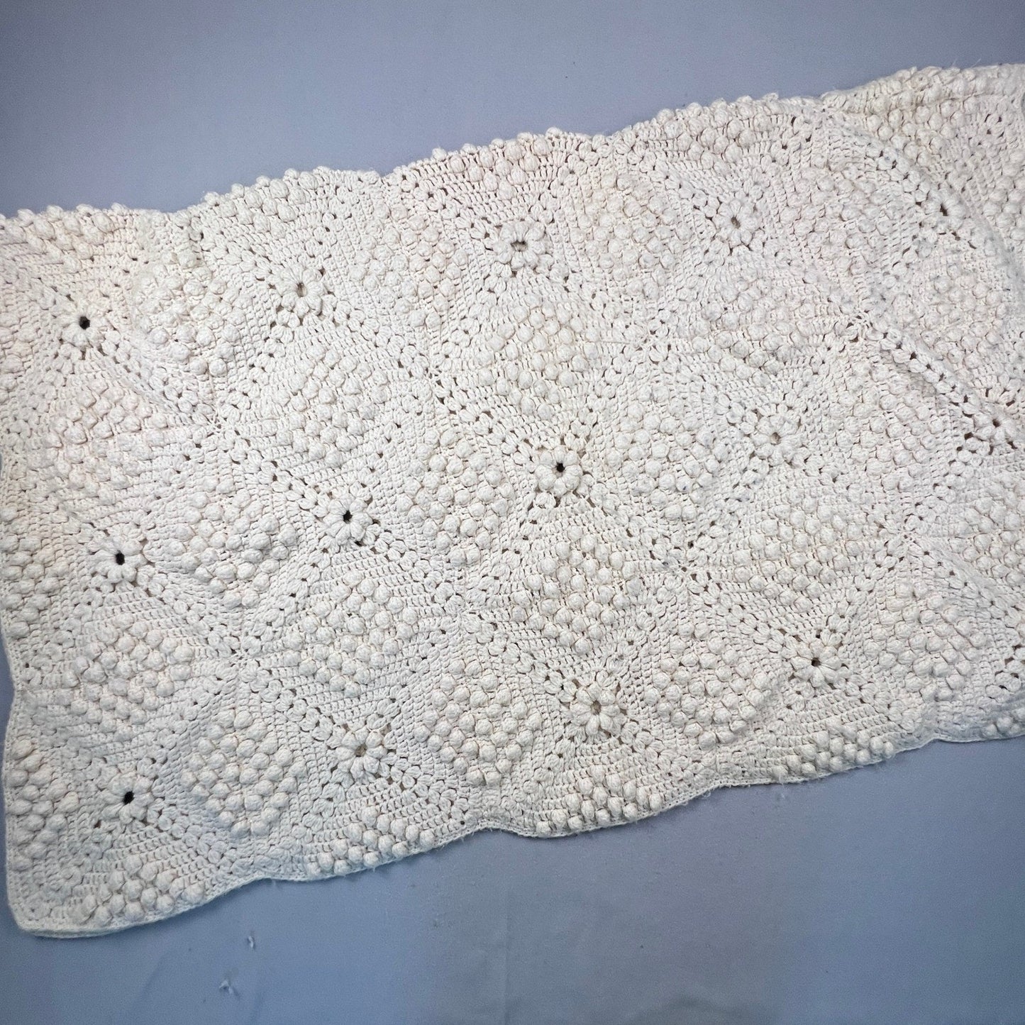 Handmade Crochet Popcorn Stitch Afghan Blanket 72x58 Cream Boho Farmhouse VTG