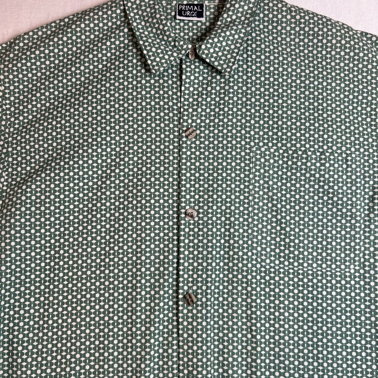 PRIMAL URGE Shirt Mens Extra Large Green Geometric Short Sleeve Button Up Shirt