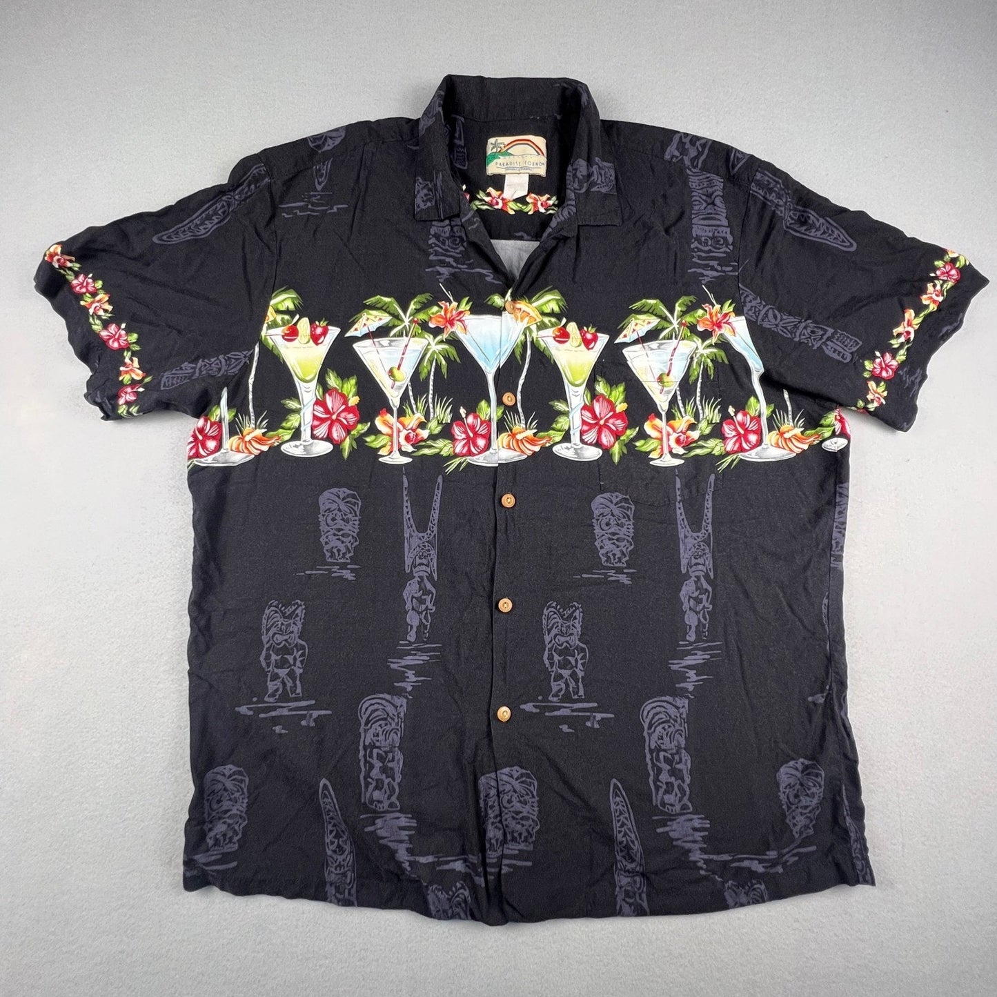 Paradise Found Button Up Shirt XL Black Tiki Cocktail Tropical Hawaiian Aloha