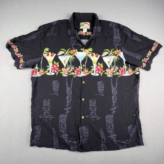 Paradise Found Button Up Shirt XL Black Tiki Cocktail Tropical Hawaiian Aloha