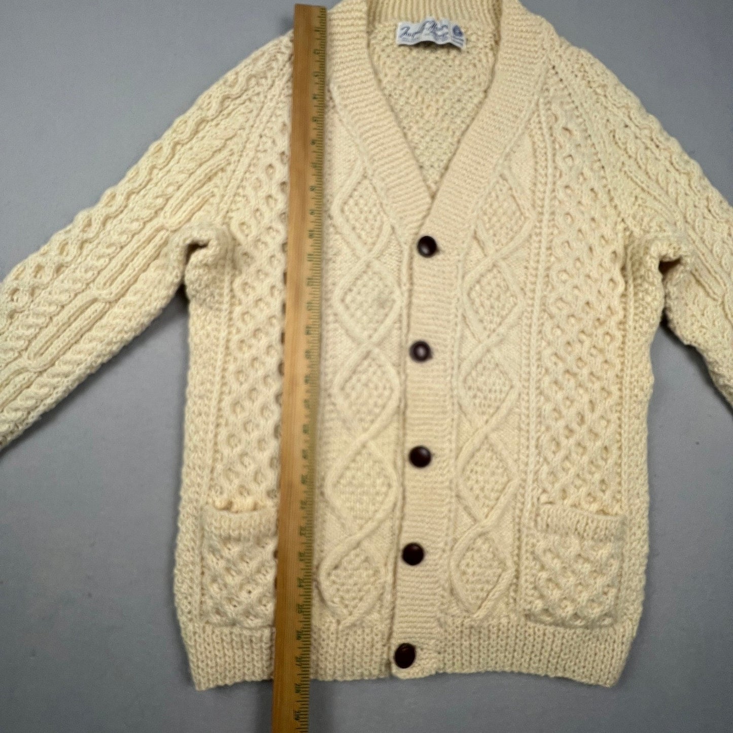VTG Wool Handknit Joseph F. Heron Cardigan Mens M Cream Irish Aran Fisherman
