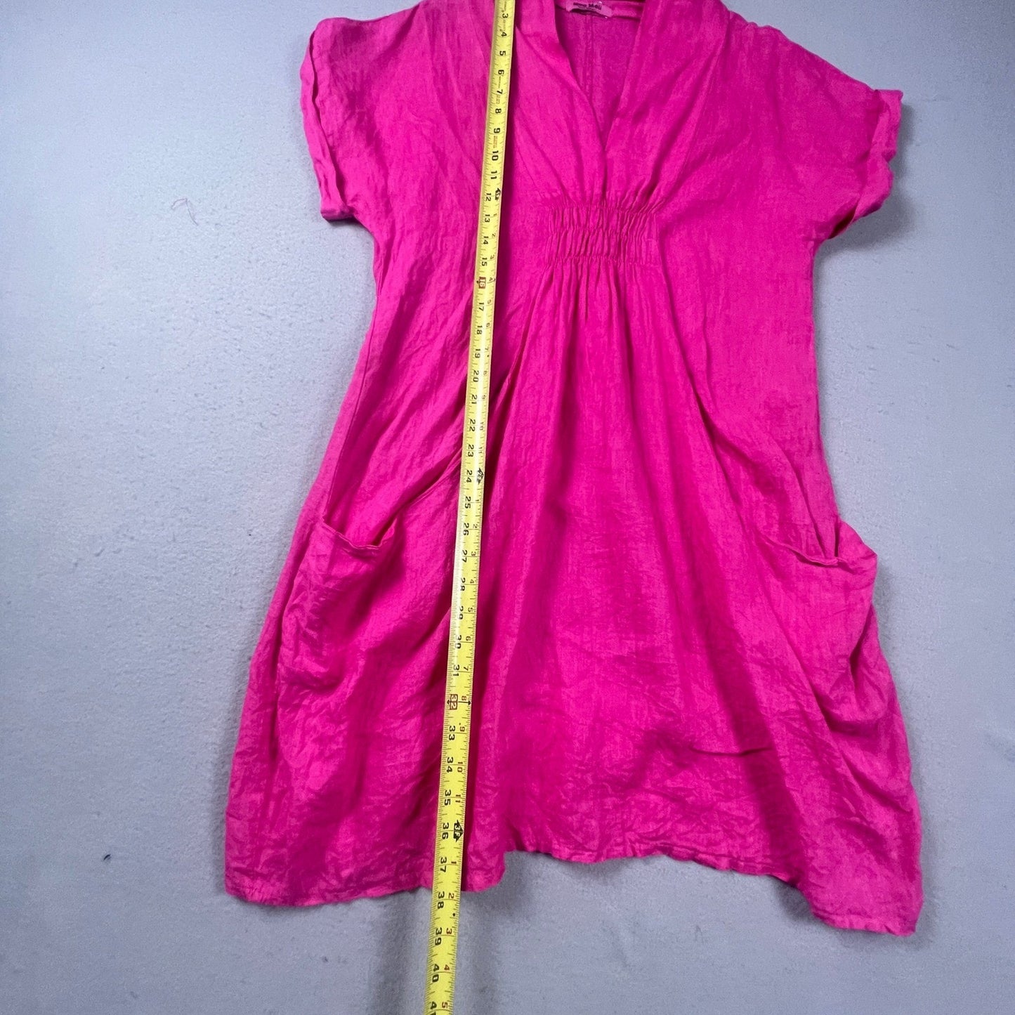 Meo Meli 100% Linen Tunic Dress Womens OS Pink V-Neck Smocked Pockets Italy Boho