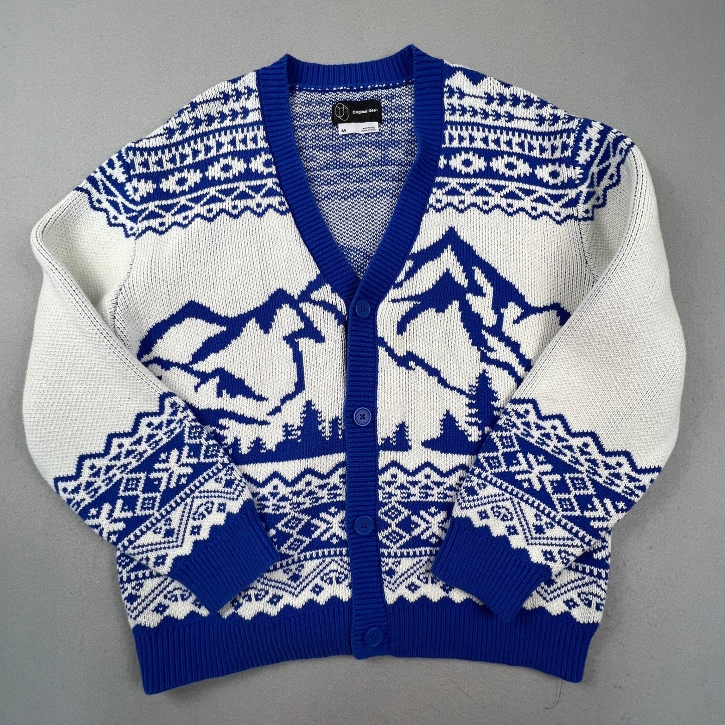 Original Use Cardigan Sweater Womens Medium Blue White Mountain Fair Isle Knit
