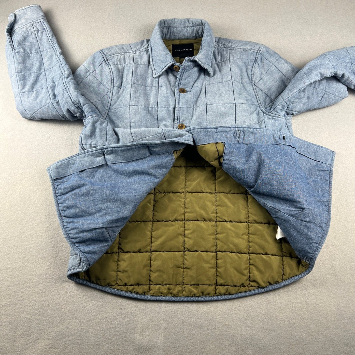 Lucky Brand Quilted Shirt Jacket Mens Medium Blue Cotton Linen Workwear Shacket