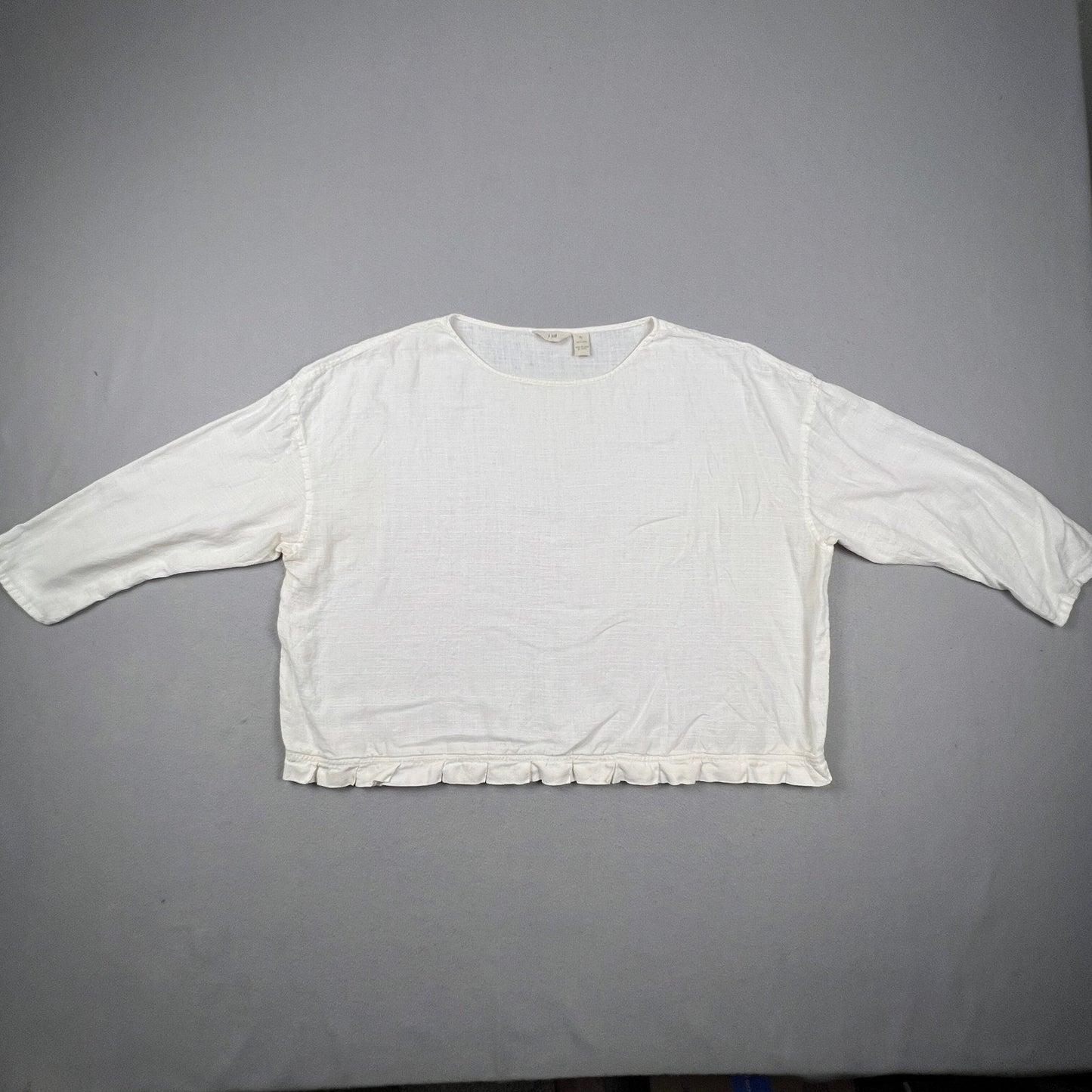J. Jill Linen Blouse Women XL White Ruffle Hem 3/4 Sleeve Casual Relaxed Boho