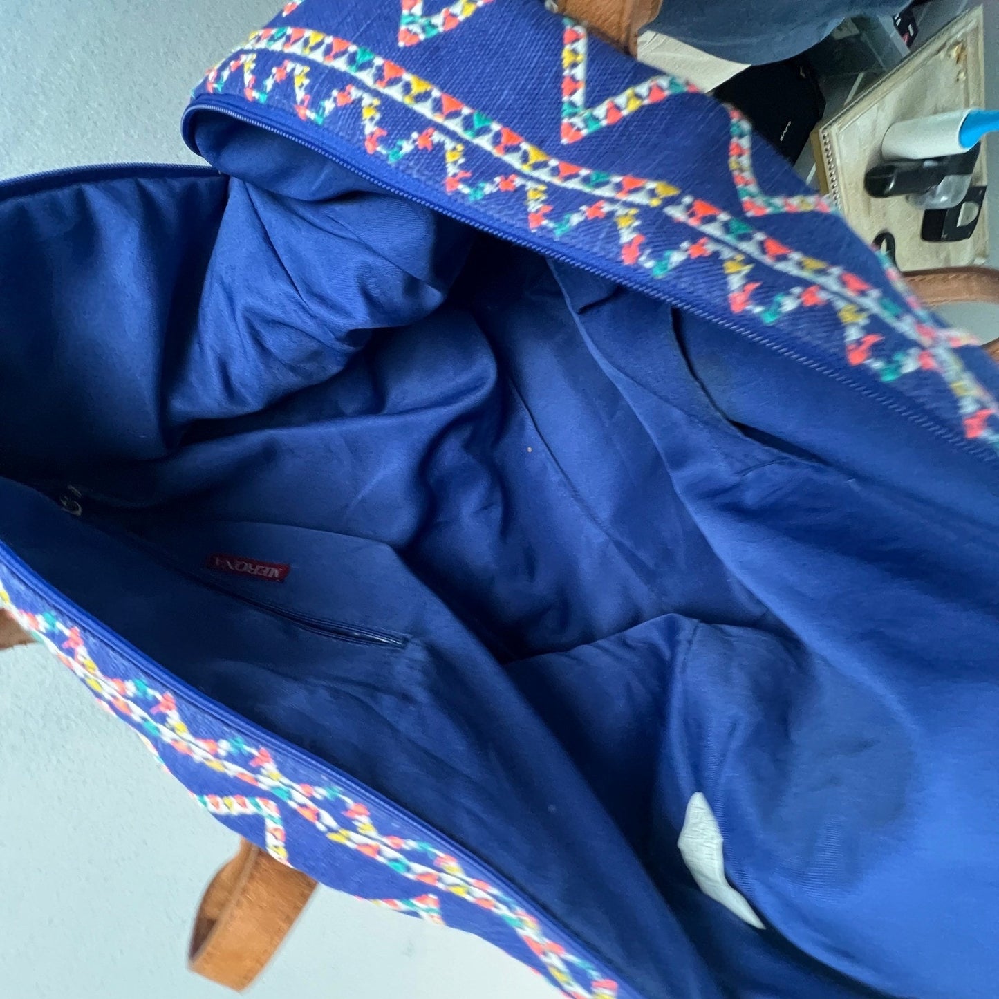 Boho Weekender Travel Bag Large Blue Embroidered Geometric Tote Carry On