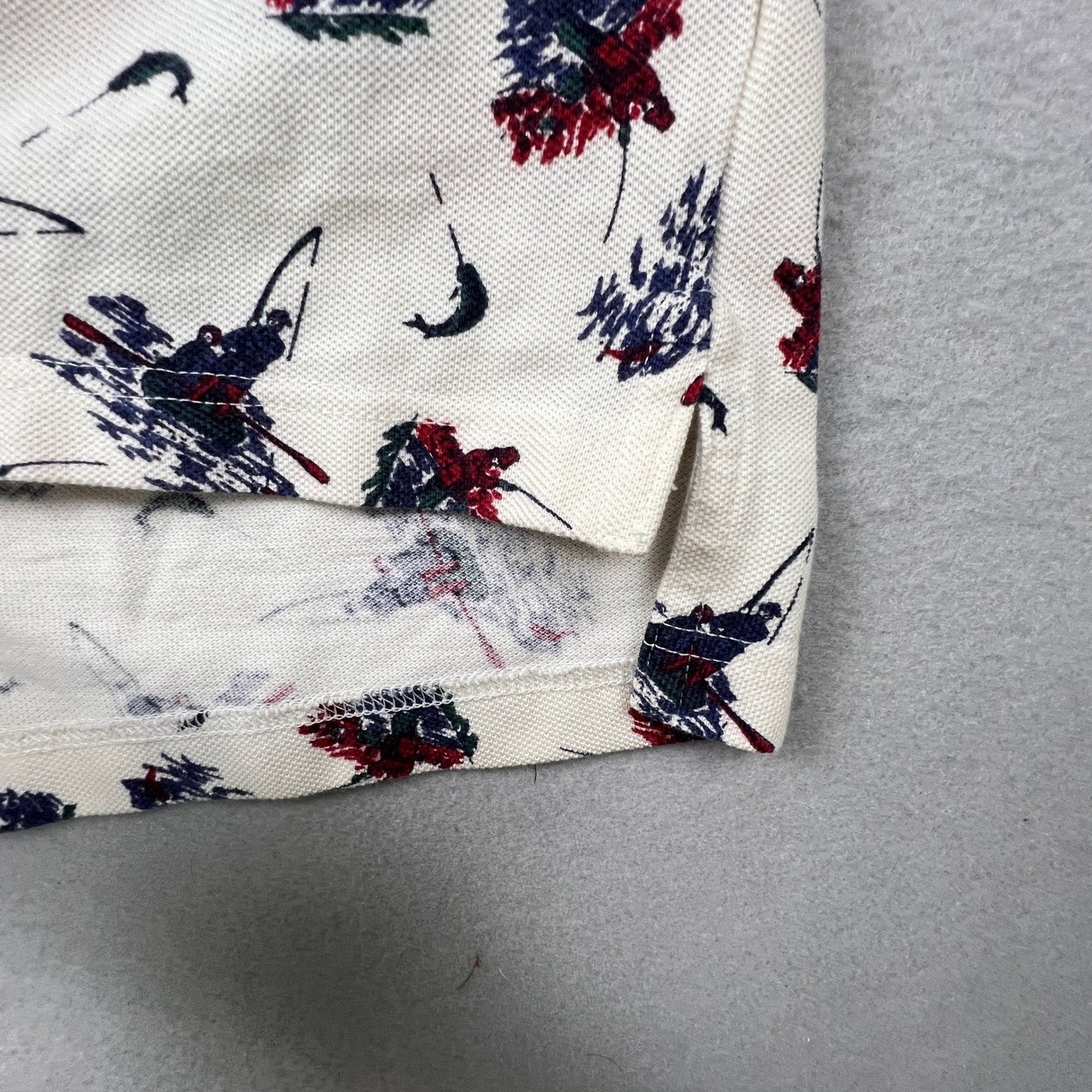Woolrich Polo Shirt Mens Large Ivory Fishing Print Cotton Short Sleeve Outdoor