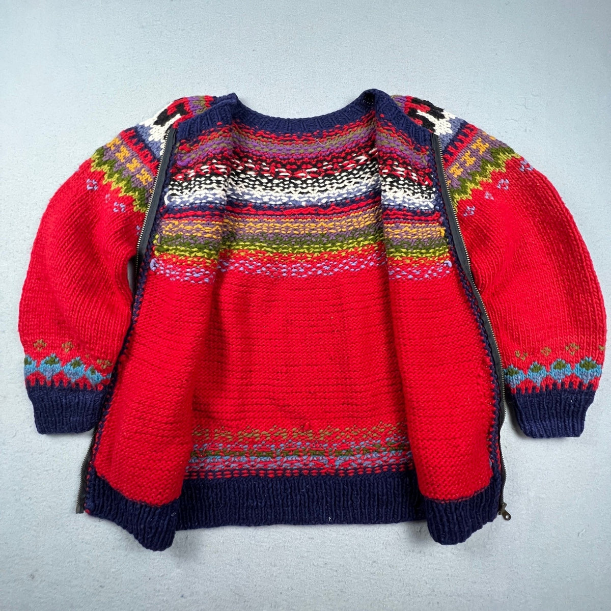 Handmade Fair Isle Zip Cardigan Sweater Mens XL Red Wool Knit Nordic Outdoor