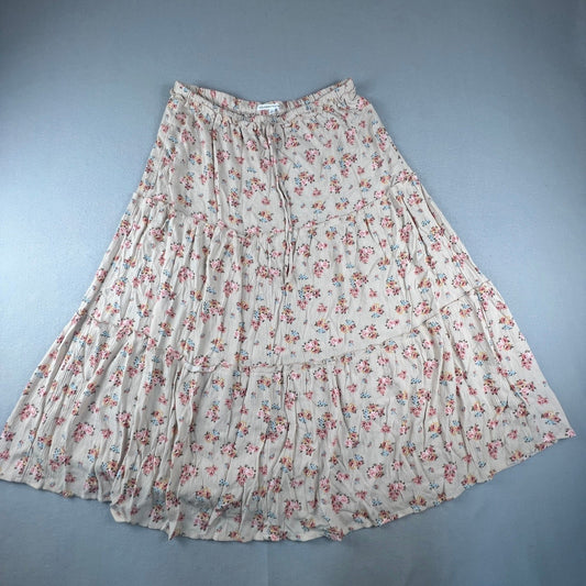 Boho Cottagecore Pink Maxi Skirt L Beige Floral Tiered Casual Summer