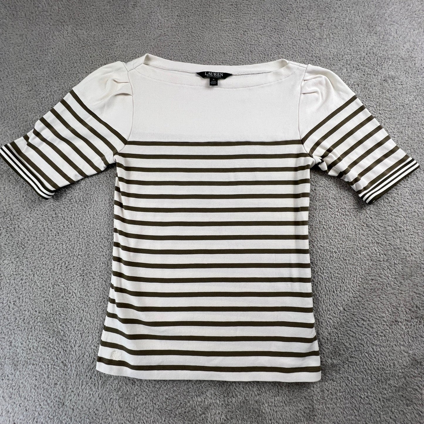 Lauren Ralph Lauren Womens Small Striped Top Cream Brown Preppy Coastal Chic