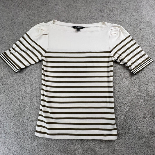 Lauren Ralph Lauren Womens Small Striped Top Cream Brown Preppy Coastal Chic