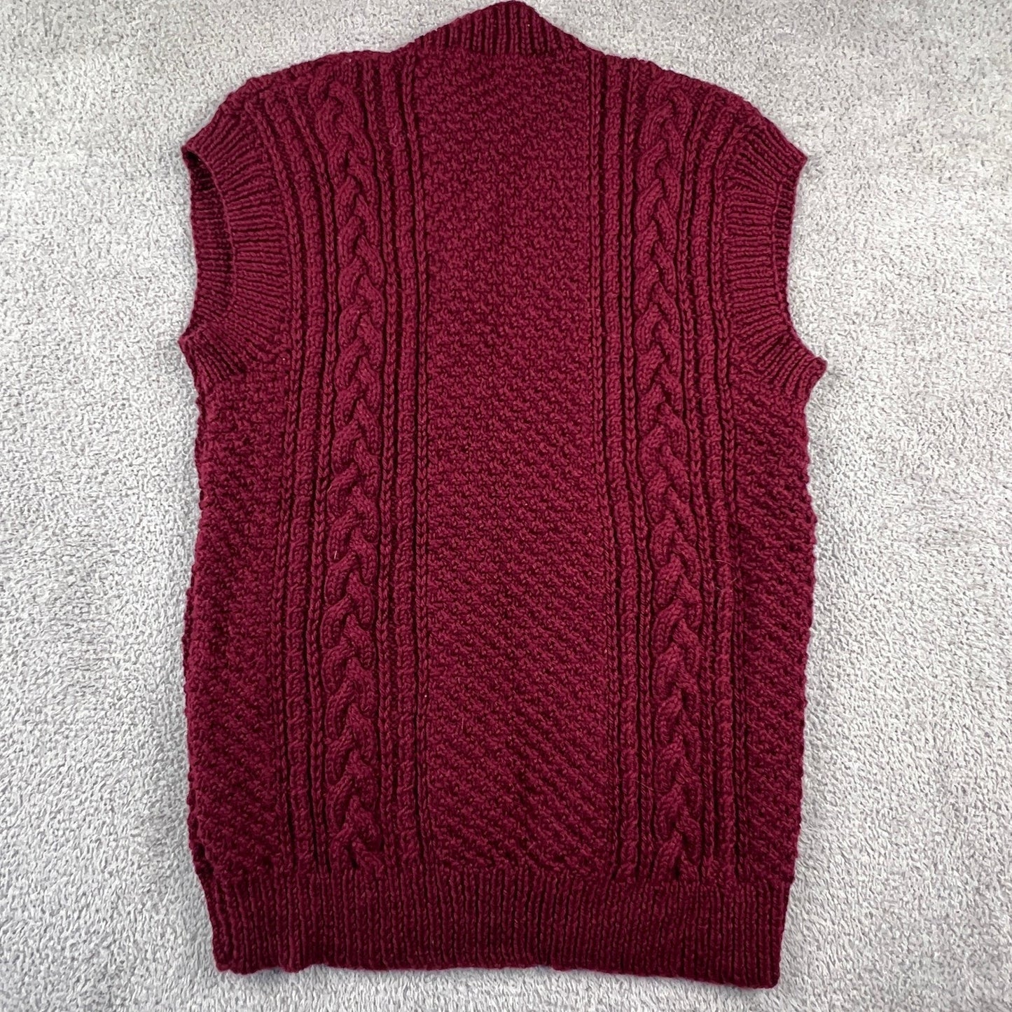 Vintage Aran Handknitted Wool Sweater Vest Women's M Burgundy V-Neck Cable Knit
