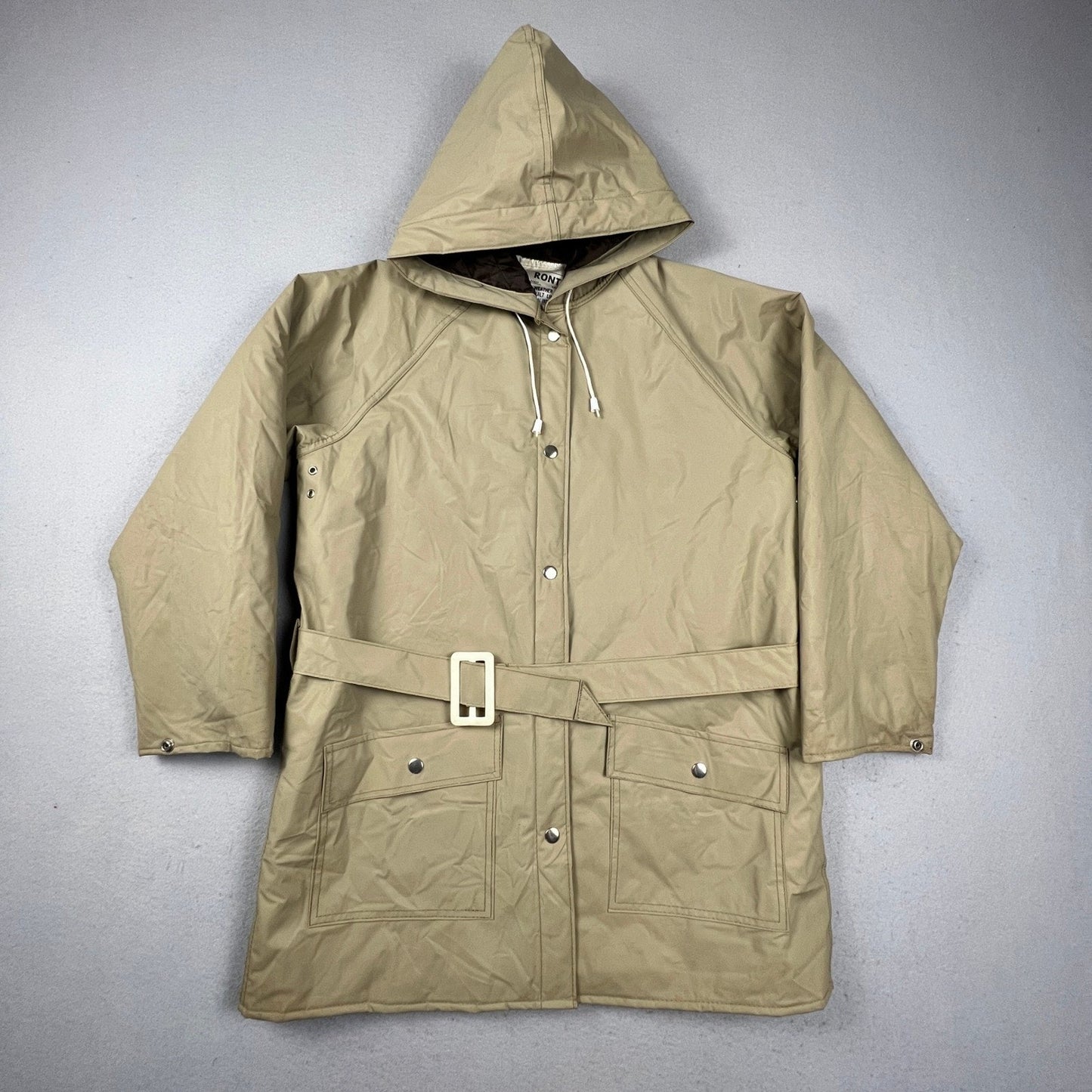 Ronte All Weather Jacket Mens Large Tan Quilt Lined Belted Hooded Rain Coat Vtg