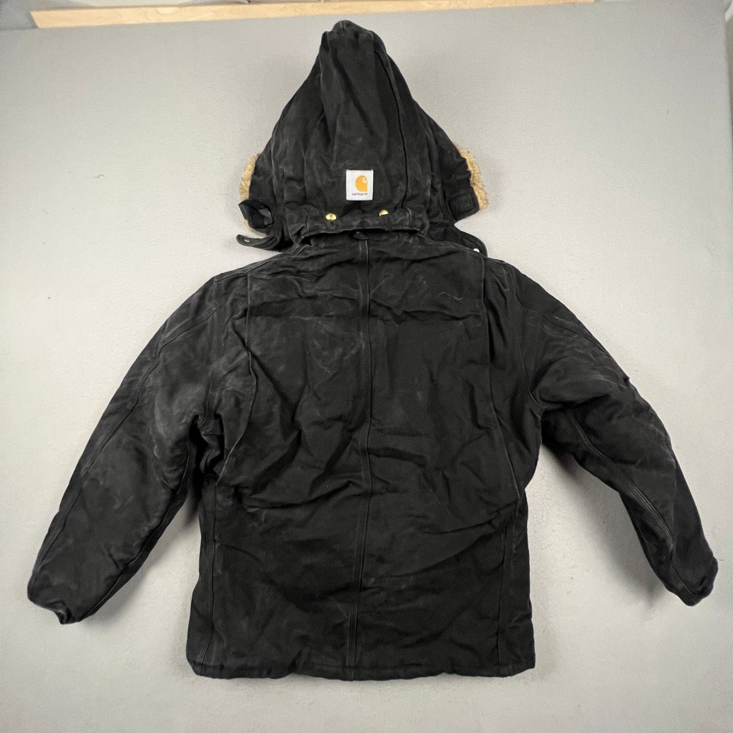 VTG Carhartt Black Arctic Quilt Lined Traditional Duck Canvas Coat Hood C26 BLK
