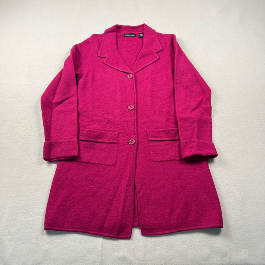 VTG 90s Moda International Wool Cardigan Coat M Pink Longline Boiled Sweater