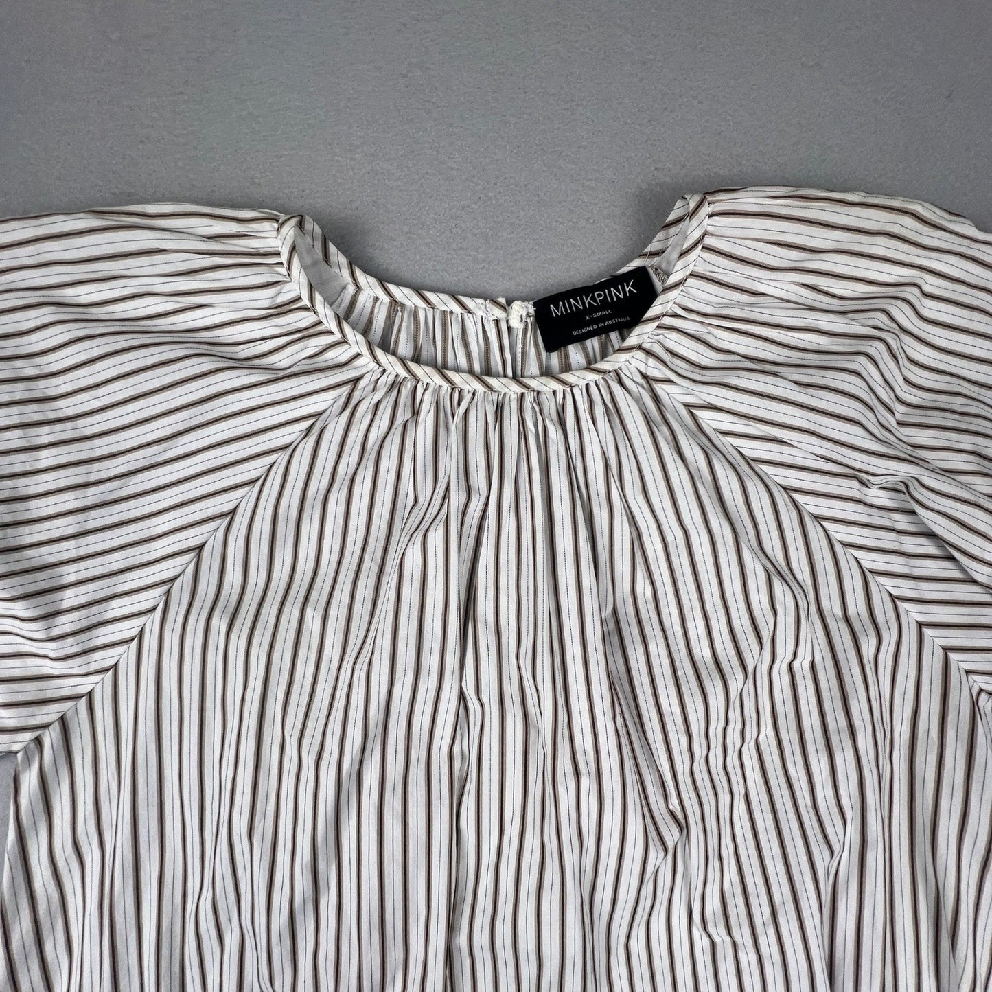 Minkpink Mini Dress Womens XS White Brown Striped Puff Sleeve Tiered Boho Summer