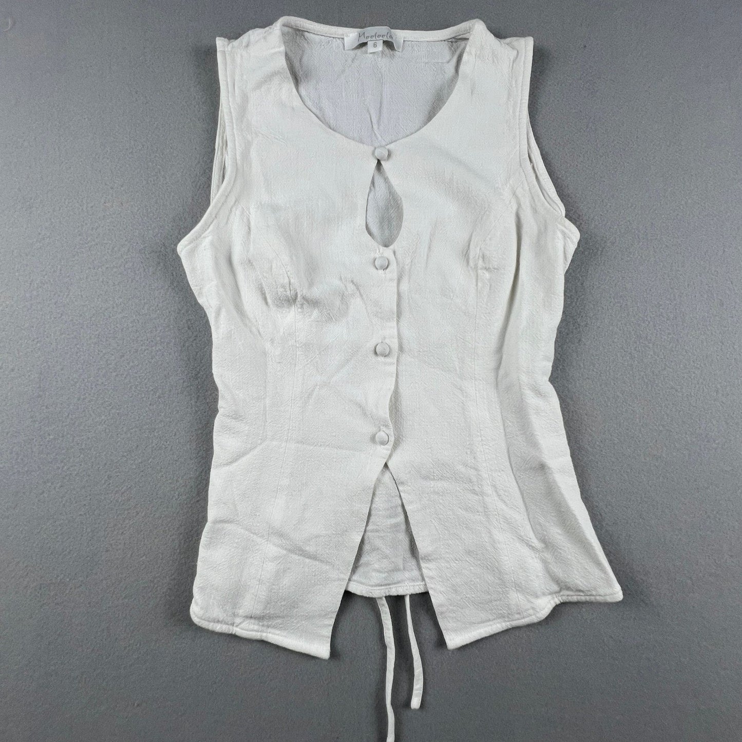 Button Front Vest Top Womens 6 White Keyhole Tie Back Textured Summer Boho