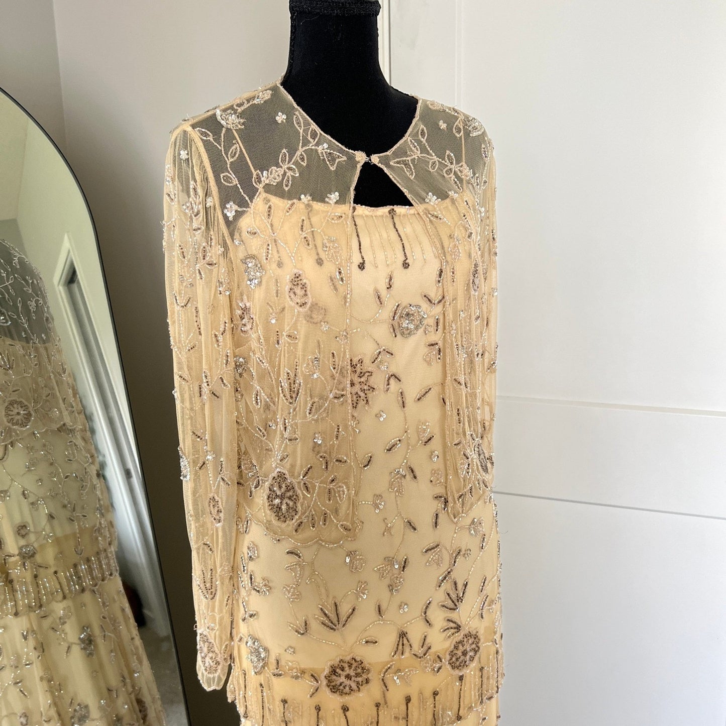 Vintage Style Beaded Dress Small Champagne Sequin Flapper Gown Bridal Wedding