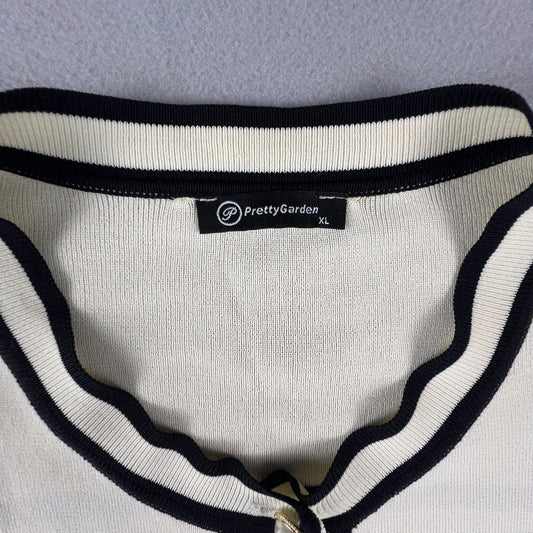 PrettyGarden Cardigan Sweater Womens XL White Black Striped Pearl Button Preppy