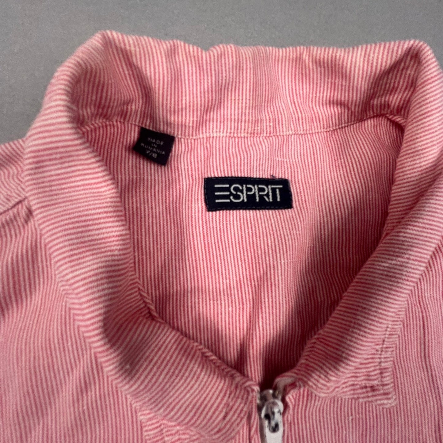 VTG 90s Esprit Jacket Womens Red Pinstripe Cotton Linen Zip Up Bomber Coat